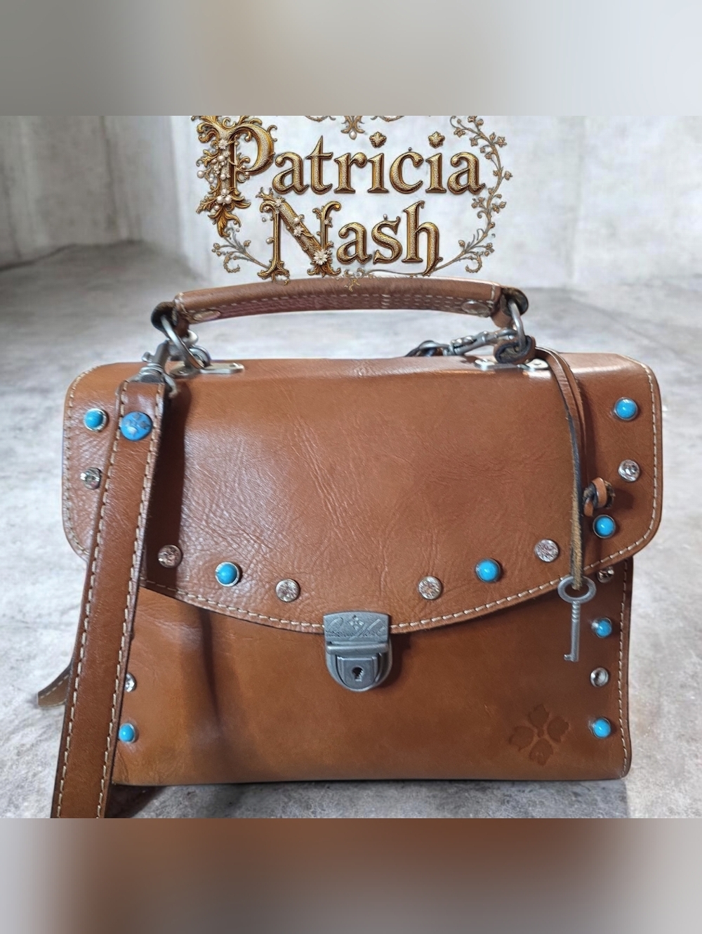 Patricia Nash Brown Leather Satchel with Turquoise Studs